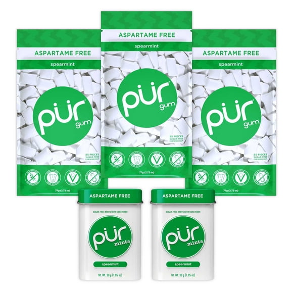 PUR Spearmint Sugar Free, Xylitol, Chewing Gum and Mints, Variety Pack, 5 pks.
