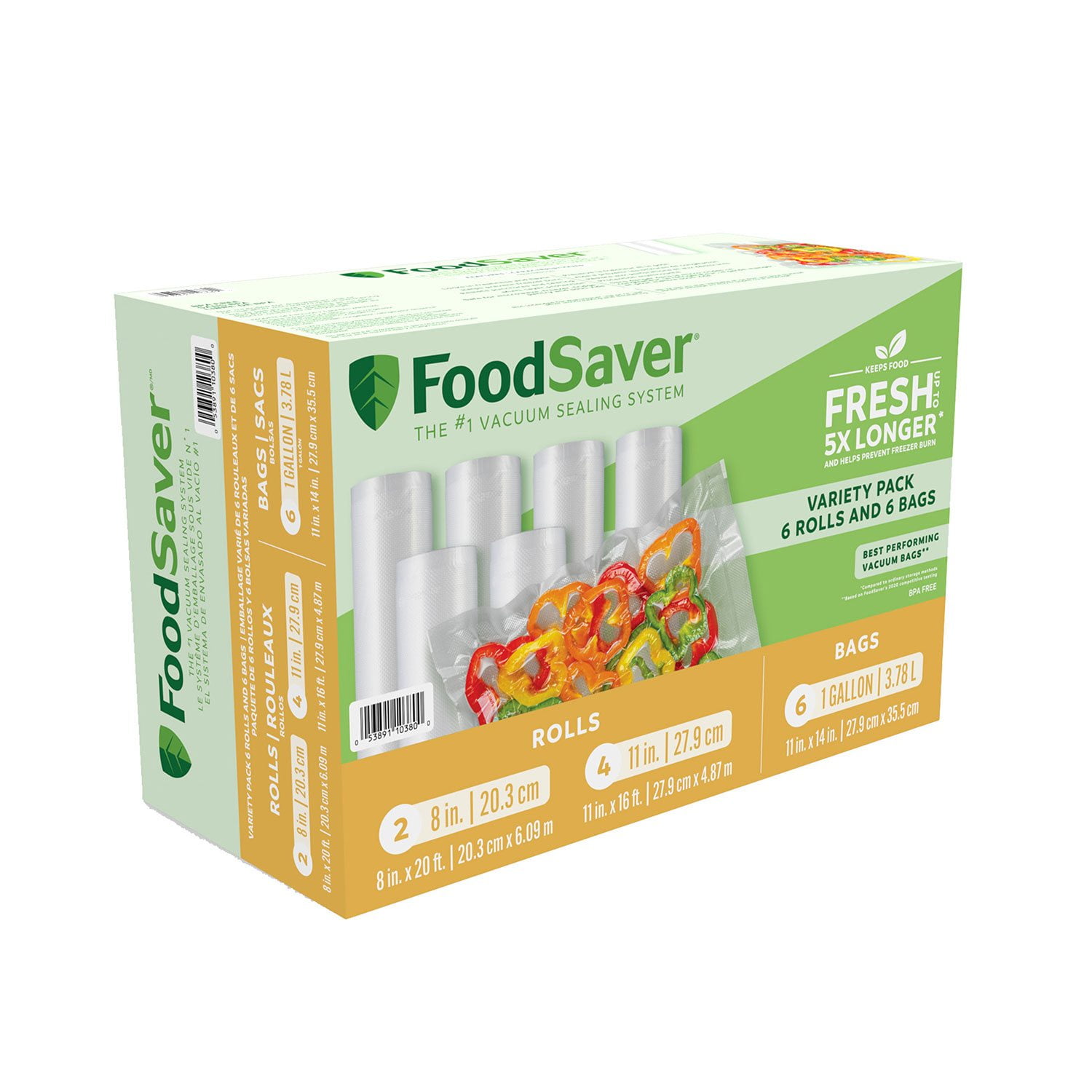 FoodSaver Vacuum Seal Variety Pack – 2 Rolls (8"x20"), 4 Rolls (11"x16"), 6 One-Gallon Bags
