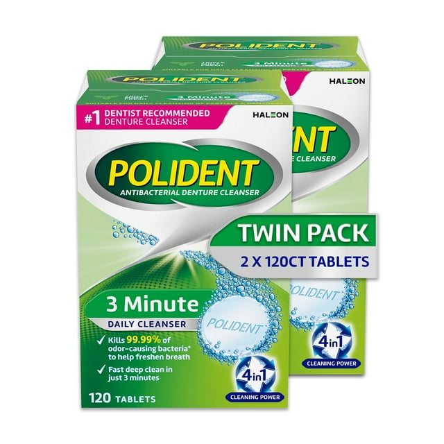 Polident 3-Minute Triple-Mint Antibacterial Denture Cleanser, Effervescent Tablets, 120 ct., 2 pk.