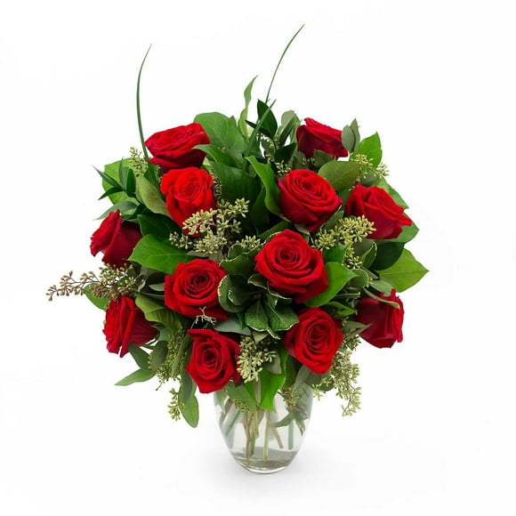 Member's Mark Red Roses and Greenery Vase Arrangement, choose stem count