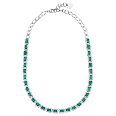 Emerald Cut Lab Created Gemstone Halo Tennis Necklace in Sterling Silver