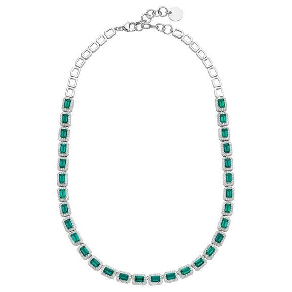 Emerald Cut Lab Created Gemstone Halo Tennis Necklace in Sterling Silver