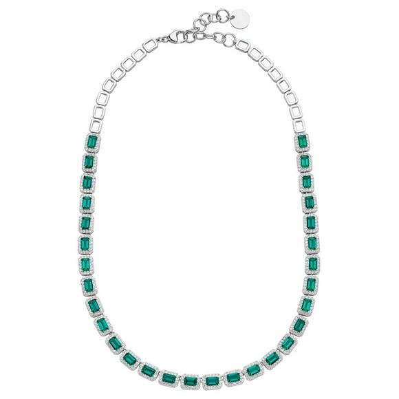 Emerald Cut Lab Created Gemstone Halo Tennis Necklace in Sterling Silver