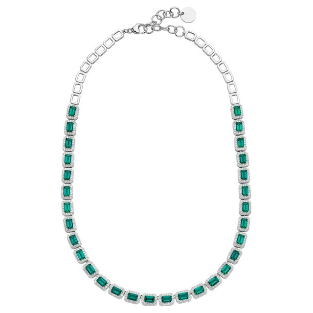 Emerald Cut Lab Created Gemstone Halo Tennis Necklace in Sterling Silver