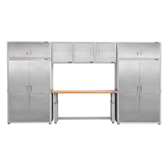 Seville Classics UltraHD 8-Piece Steel Garage Cabinet Storage Set w/ Height Adjustable Workbench, 14 Feet Wide