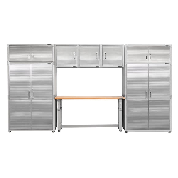 Seville Classics UltraHD 8-Piece Steel Garage Cabinet Storage Set w/ Height Adjustable Workbench, 14 Feet Wide