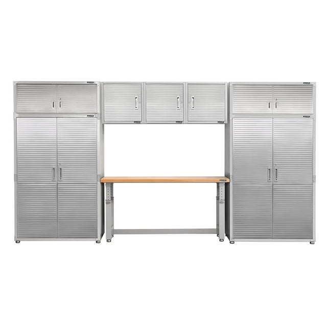 Seville Classics UltraHD 8-Piece Steel Garage Cabinet Storage Set w/ Height Adjustable Workbench, 14 Feet Wide