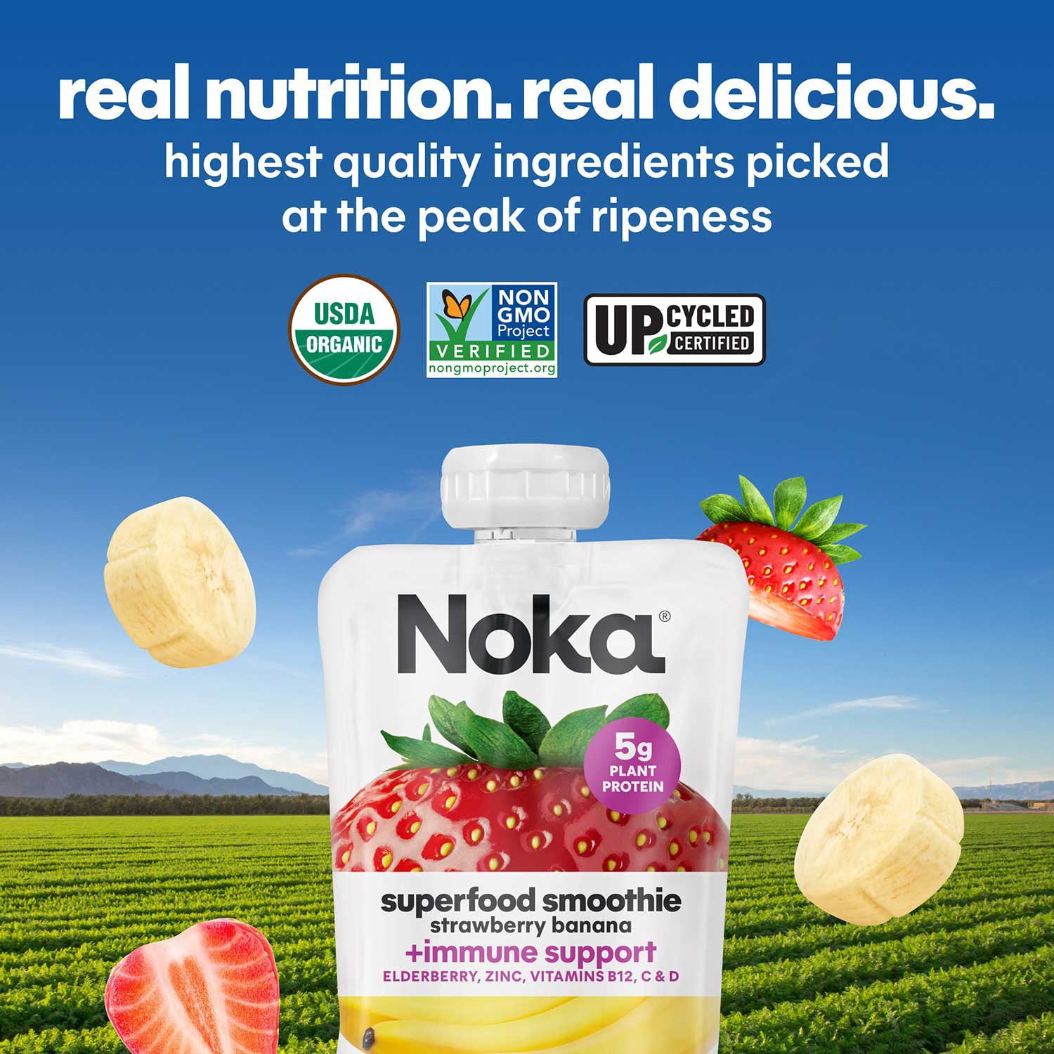 Noka Organic Plant Protein Smoothie Pouches, Strawberry Banana