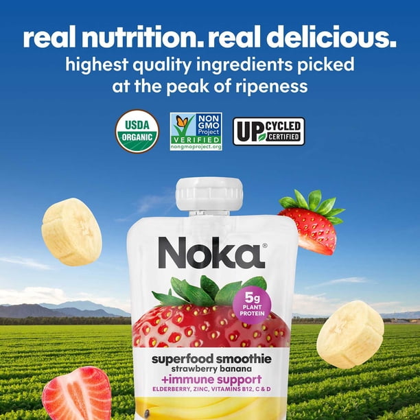 Noka Organic Plant Protein Smoothie Pouches, Strawberry Banana