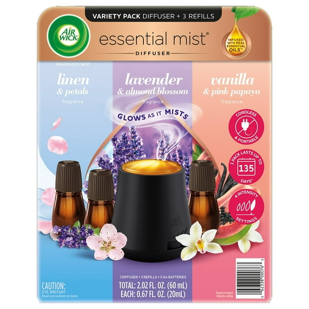 Air Wick 3300832 Essential Mist Kit, Cordless Diffuser with 3 Refills (Linen, Lavender, Vanilla)