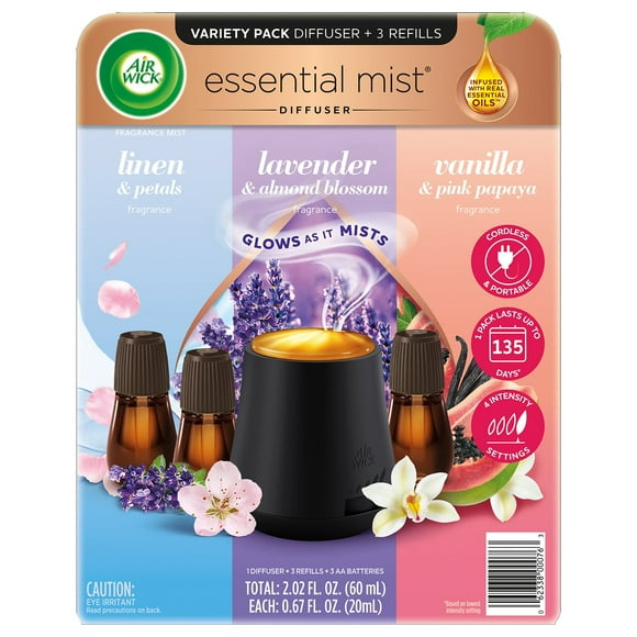 Air Wick Essential Mist Cordless Oil Diffuser, Fragrance Variety Pack, 1 Diffuser + 3 Refills