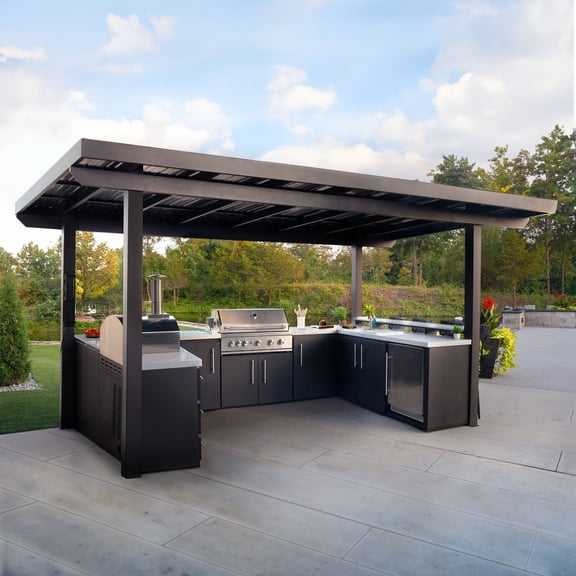 Range Covered U-Shape Outdoor Kitchen w/ Bar, Grill & Pizza Oven
