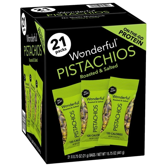 Wonderful Salted & Roasted Pistachios, No Shells, 0.75 oz., 21 pk.