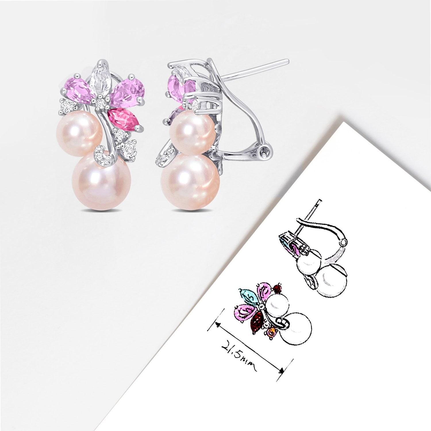 Freshwater Cultured 6-8.5mm Pearl & Gemstone Earrings in