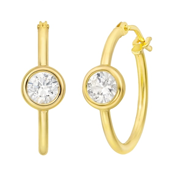 Round Bezel Set Hoop Earring in 14K Gold