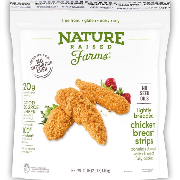 Nature Raised Farms Fully Cooked Lightly Breaded Chicken Breast Strips, Frozen, 2.5 lbs.