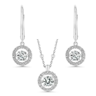 Round Cut Lab Created Gemstone Dancing Pendant & Earring Set in Sterling Silver