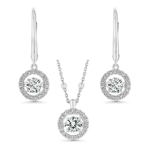 Round Cut Lab Created Gemstone Dancing Pendant & Earring Set in Sterling Silver