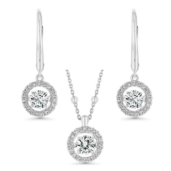 Round Cut Lab Created Gemstone Dancing Pendant & Earring Set in Sterling Silver