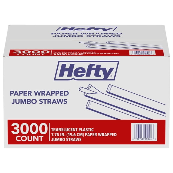 Hefty Jumbo Translucent Wrapped Plastic Straws, 7.75", 3, 000 ct.