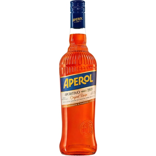 aperol aperitivo liqueur, 750 ml bright orange glass bottle, centered front view with ribbed shoulder and blue capsule, front label showing APEROL brand; imported from Italy and 11% ABV per product specs, plain white background, suitable for mixing in an Aperol Spritz.