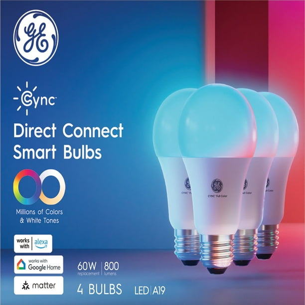 GE Cync Direct Connect A19 Smart LED Light Bulbs, Color Changing