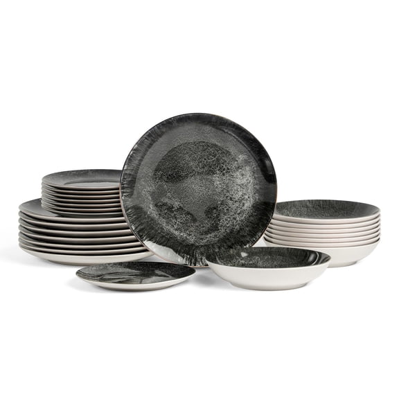 Christian Siriano Onyx 24-Piece Porcelain with Gold Rim Dinnerware Set