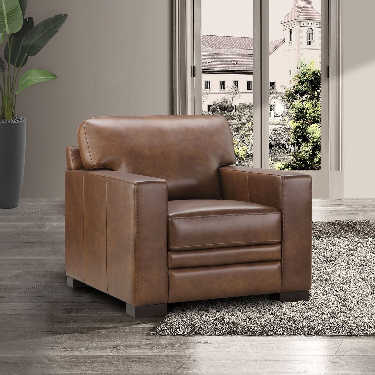 Vintage Overstuffed Brown Leather Lounge Chair with Studs – BSEID, image size:1500x1500