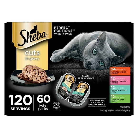 Sheba Perfect Portions Cuts in Gravy Adult Variety Wet Cat Food, Twin-Pack Tray, 2.6 oz., 48 ct., 120 servings