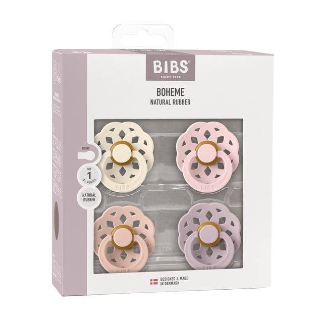 BIBS Boheme Latex Pacifier, 4 PACK, Ivory/Blush/Blossom/Dusky Lilac, Choose Size