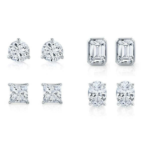 Fancy Cut Lab Created White Sapphire 4 Pair Earring Set in Sterling Silver