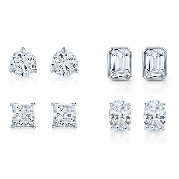 Fancy Cut Lab Created White Sapphire 4 Pair Earring Set in Sterling Silver