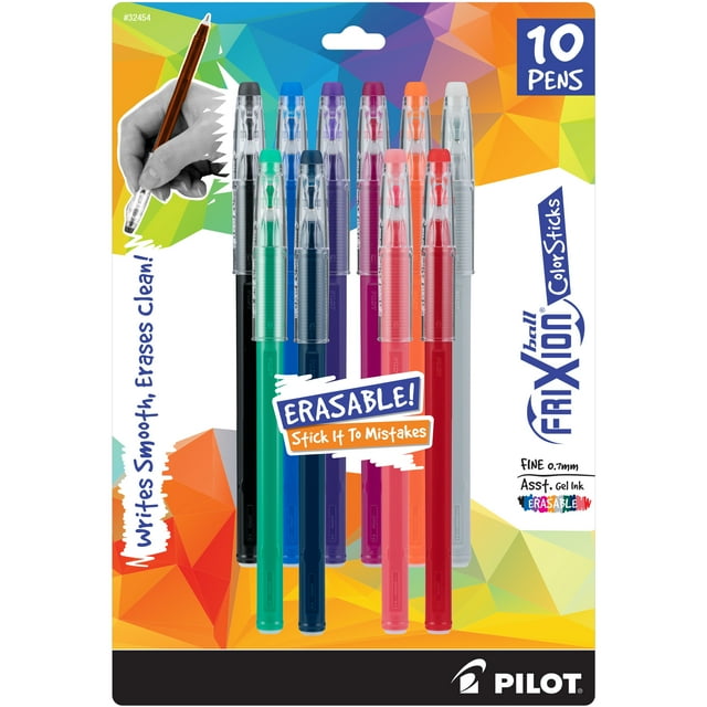 Pilot FriXion ColorSticks Erasable Gel Pen, Stick, Fine 0.7 mm, Assorted Ink and Barrel Colors, 10/Pack