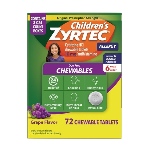 Children's Zyrtec Chewables, Dye-Free, Grape Flavor, 72 ct.