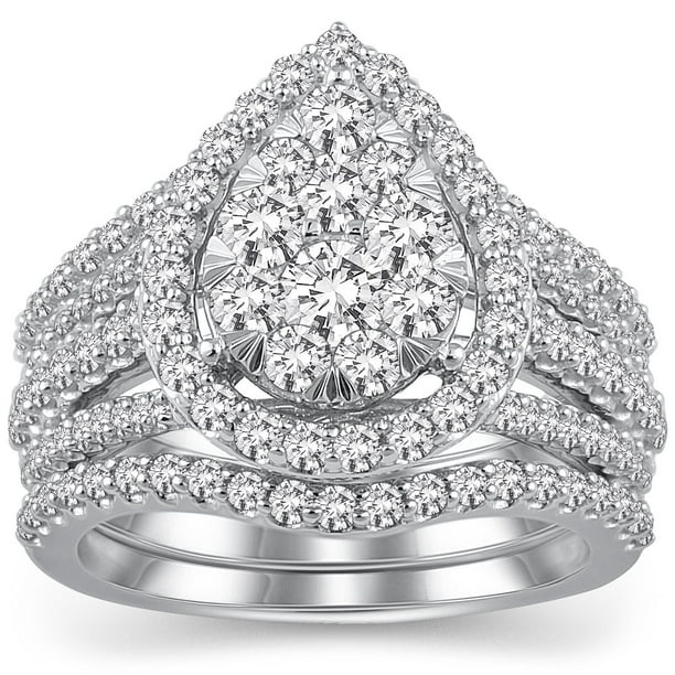 CT Round Cut Pear Shape Halo Diamond Ring Band Set in