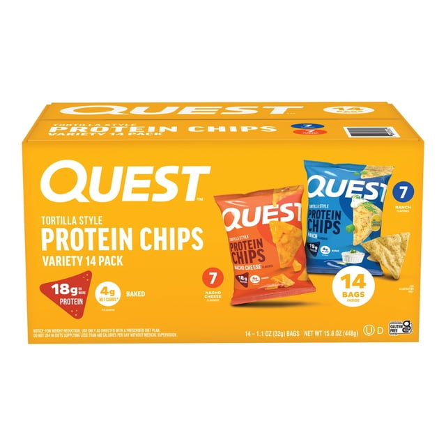 Quest Tortilla Style 18-19g Protein Chip Variety Pack, Nacho Cheese & Ranch, 14 ct.