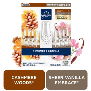 Glade PlugIns Scented Oil, Cashmere Woods with Sheer Vanilla Embrace, 1 Warmer + 9 Refills