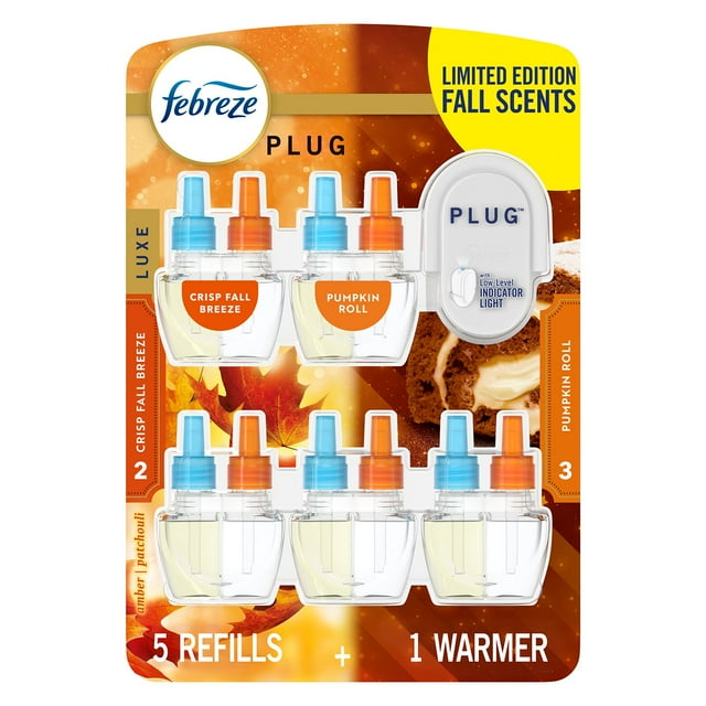 Febreze PLUG Air Freshener, Pumpkin Roll & Crisp Fall Breeze, 1 Warmer + 5 Refills, 4.35 fl. oz.