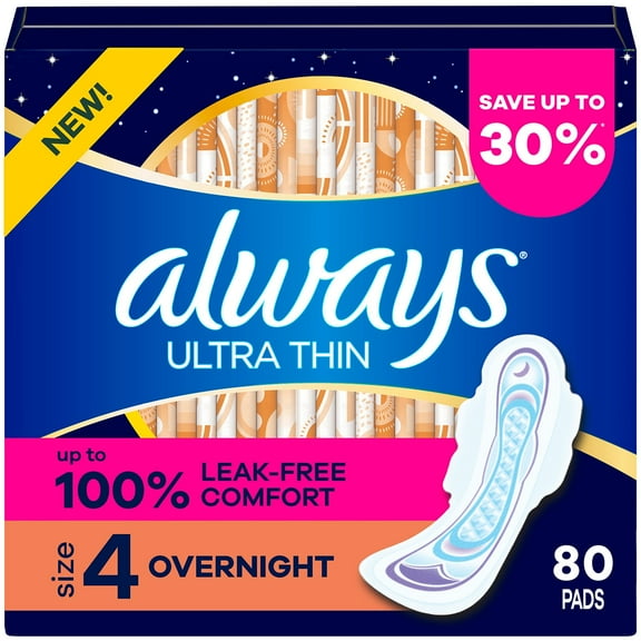 Always Ultra Thin Overnight Pads with Wings, Size 4, 80 ct.