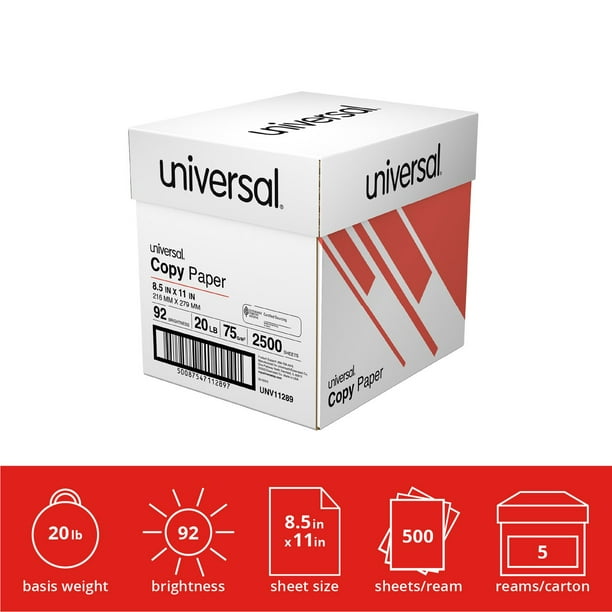 Universal Copy Paper, 20 lb, 92 Bright, 8.5 x 11”, 5 Reams Half