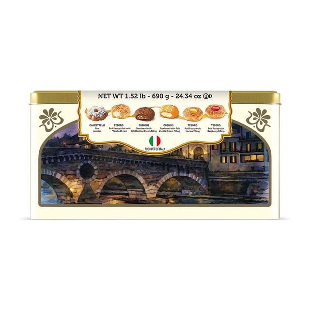verona assorted italian puff pastries and shortbread tin, 72 ct. Front-facing rectangular keepsake tin with painted Italian bridge scene and top label listing pastry varieties and net wt 1.52 lb (690 g); assortment details chocolate, vanilla, raspberry and blueberry fillings, presented as a gourmet gift tin for serving with coffee or tea.