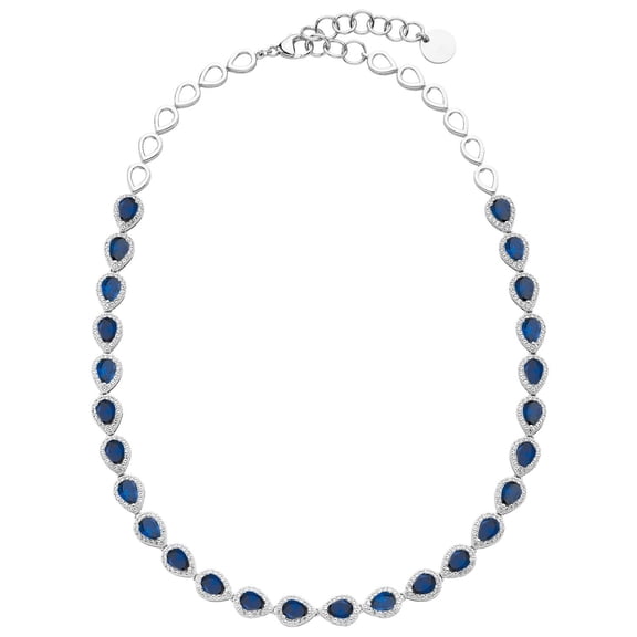 Pear Cut Lab Created Gemstone Halo Tennis Necklace in Sterling Silver