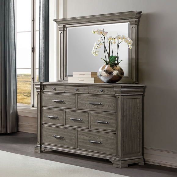 Society Den Paterson 10-Drawer Dresser and Mirror in Grey