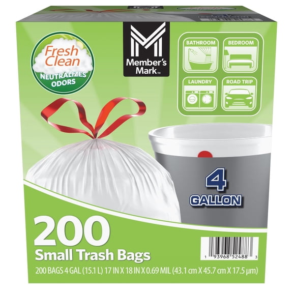 Member's Mark 4-Gallon Drawstring Trash Bags, Fresh, 200 ct.