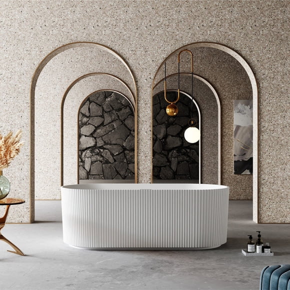 A&E Sidney Bath Tub 59in or 67in Freestanding Bathtub with Fluted Exterior and Center Drain in White Acrylic High‑Gloss