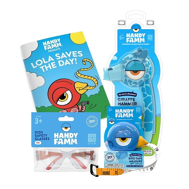 Handy Famm Kid-Friendly Tool Set for Creative and STEM Learning – Giraffe Hammer, Bird Tape Measure, Safety Goggles, Coloring Book