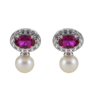 5.5-6mm White Cultured Freshwater Pearl, Aquamarine and Lab Created White Sapphire Earrings in Sterling Silver