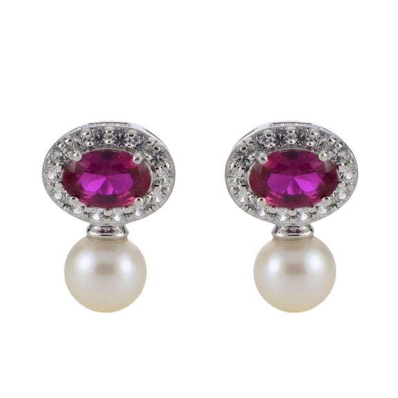 5.5-6mm White Cultured Freshwater Pearl, Aquamarine and Lab Created White Sapphire Earrings in Sterling Silver