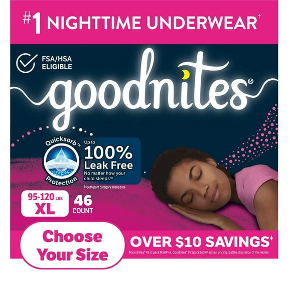 Goodnites Nighttime Bedwetting Underwear for Girls, Sizes Extra Small - Extra Extra Large