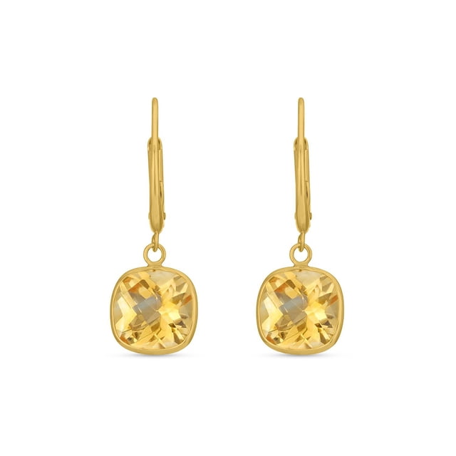 Cushion Cut Gemstone Bezel Set Dangle Earrings in 14K Gold
